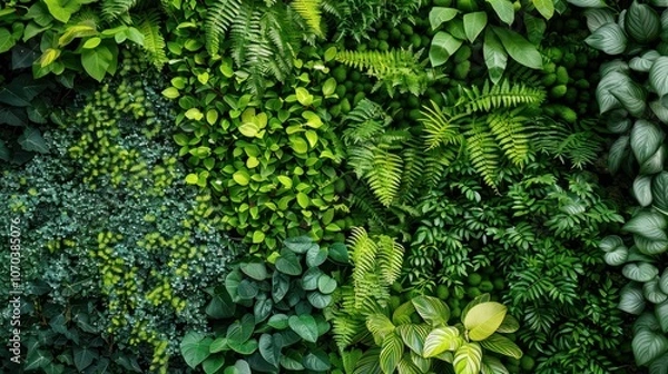Fototapeta Green wall with various plants and leaves, Green plants background arranged vertically