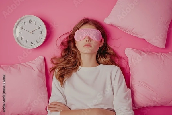 Fototapeta Girl with a sleep mask surrounded by a pillow and alarm clock on a pink background. A cozy, restful scene.