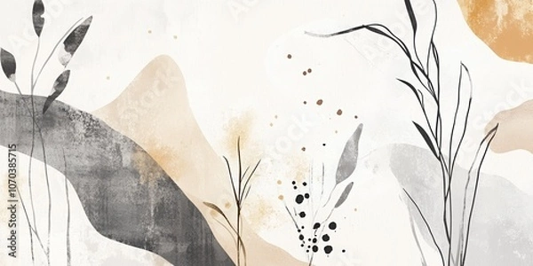 Fototapeta Abstract botanical design features delicate plants and organic shapes in muted colors on a textured background