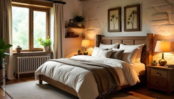 Fototapeta A rustic and cozy bedroom with a wooden bed frame, plush bedding, and a stone accent wall. The room has a warm and inviting atmosphere with a lamp and shelves displaying decorative items