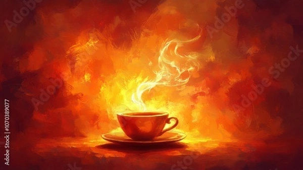 Fototapeta A single cup of coffee with steam rising from the top, set against a fiery orange background.