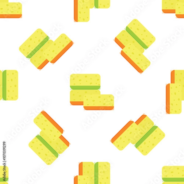 Fototapeta Yellow sponges with green stripe forming a seamless pattern over a white background