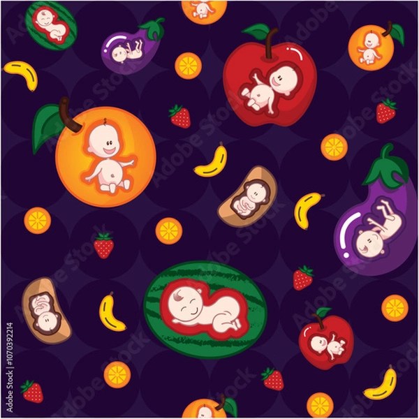 Fototapeta Vector pattern children's print happy babies fun and fruits watermelon orange apple beans banana eggplant dark background
