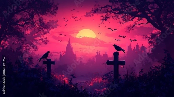 Fototapeta Mysterious sunset over a haunted graveyard with bats and crows
