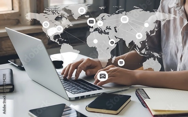 Fototapeta Global Connectivity: A person working on a laptop with a world map and communication icons overlayed, symbolizing global reach and interconnectedness.  