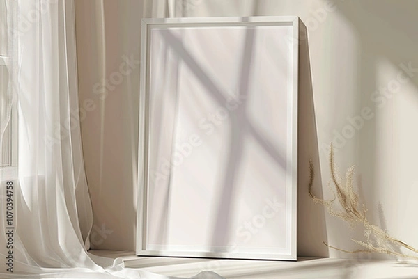 Fototapeta square white frame white with thick border blank canvas on beige wall mockup bright light soft