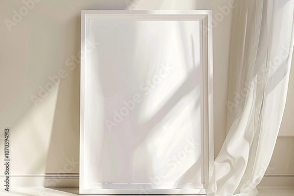 Fototapeta hite frame white with thick border blank canvas on beige wall mockup bright light soft shadows