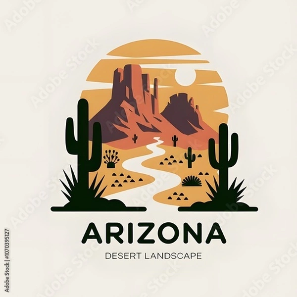 Obraz Arizona state sign. Arizona illustration for logo, poster,  poster, icon, t-shirt, clothes, sign, background. Arizona logo isolated on white. Arizona sunset with silhouettes of cactuses and canyon.