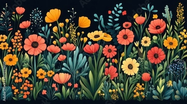 Fototapeta A seamless pattern of colorful flowers and leaves on a black background.
