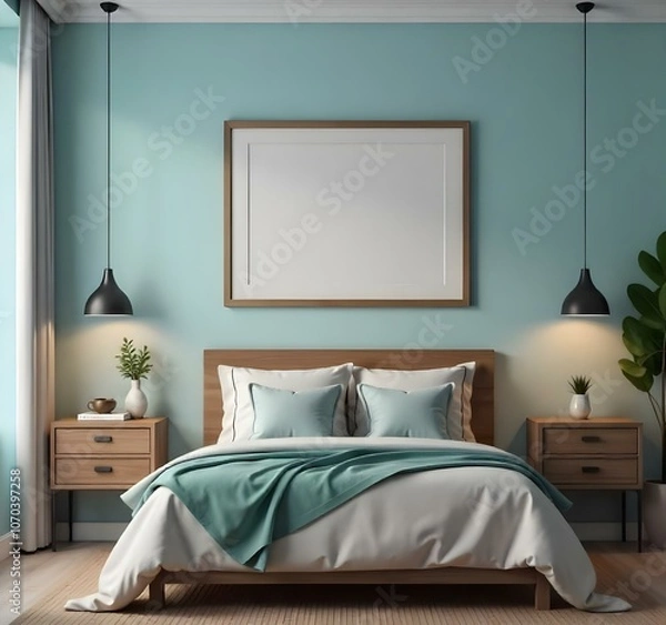 Fototapeta A cozy and modern bedroom with a large framed artwork above the bed, wooden nightstands, and a teal-colored accent wall