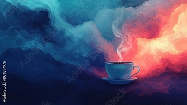 Fototapeta A blue coffee cup sits on a saucer with steam rising from it against a backdrop of swirling blue and red clouds.