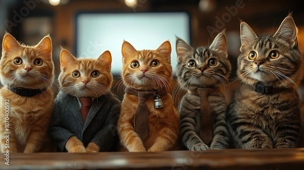 Fototapeta Adorable cats in business attire gather for a unique team photo that will melt your heart