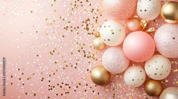Fototapeta Sparkles and confetti float on a pastel background evoking a playful and joyful feel with ample space for text