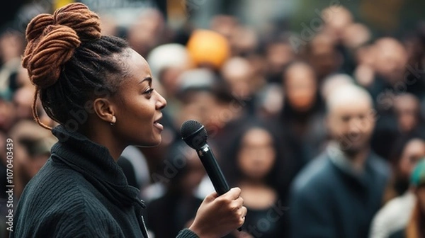 Obraz Woman speaking to crowd with microphone, focus on speaker