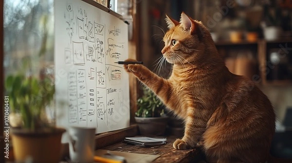Fototapeta Curious cat engages with whiteboard ideas in cozy creative workspace