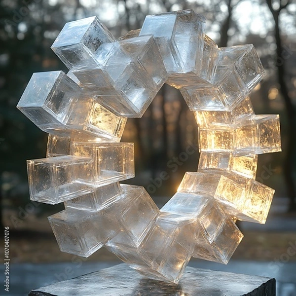 Fototapeta Artistic sculpture illuminates nature with unique transparent blocks in a circular design