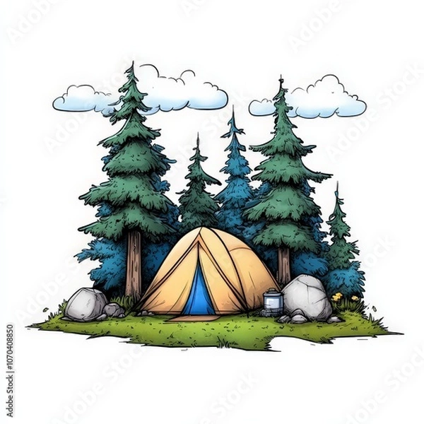 Obraz Cartoon Illustration of Camping Scene in Nature