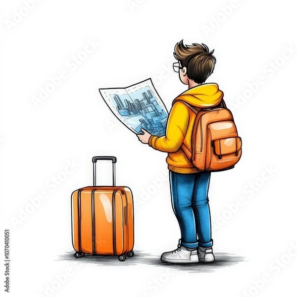 Obraz Person with Suitcase Looking at Map Illustration
