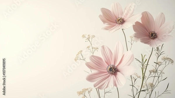 Fototapeta Simple pastel flowers on a soft white background create a sweet and cheerful tone ideal for girly and cute themes with ample text area