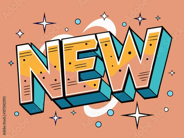 Fototapeta The word "new" in a minimalistic cartoon style in soft pink and blue shades