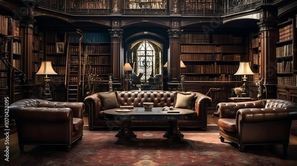 Fototapeta Grandiose Study Room with Classic Furniture and Rich, Warm Ambiance

