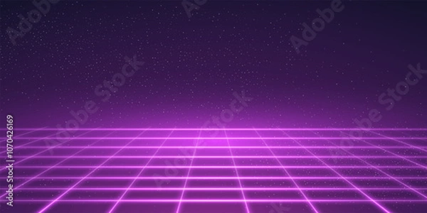 Obraz Neon purple grid background. Pink digital game pattern. Abstract futuristic vector illustration. Magenta wireframe perspective backdrop.