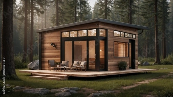 Obraz modern tiny house in a forest. Generative AI.