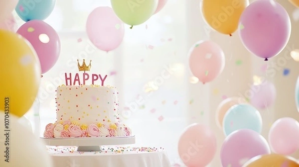 Fototapeta Festive birthday cake with pastel balloons and confetti, topped with a "Happy" sign and golden crown, creating a joyful celebration scene.