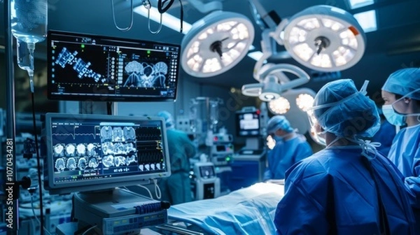Fototapeta Robotic surgery in a modern operating room showcasing advanced medical technology and healthcare professionals collaborating on patient care