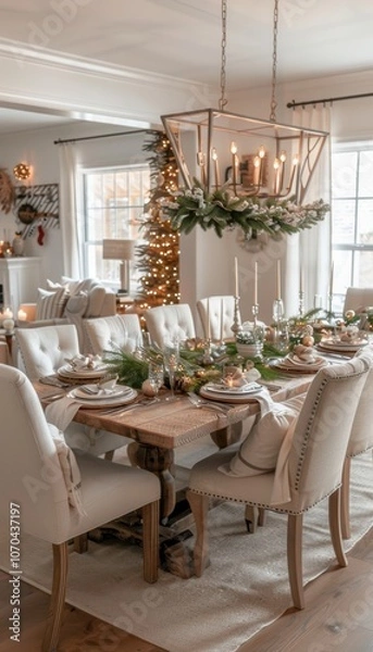 Fototapeta Festive Dining Room Setup for a Holiday Feast with Elegant Decor and Inviting Ambiance