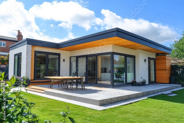 Obraz Elegant Modern Single-Family House with Garden Terrace and Lush Lawn