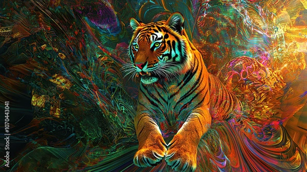 Obraz TIGER, dragon, water, design, fish, illustration, painting, pattern, sea, nature, color, flower, colorful, paint, in a dreamscape the surface reflects the early mor, untry, generative ai, landscape, 