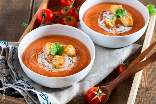 Fototapeta Tomato soup with cream and croutons on a wooden background