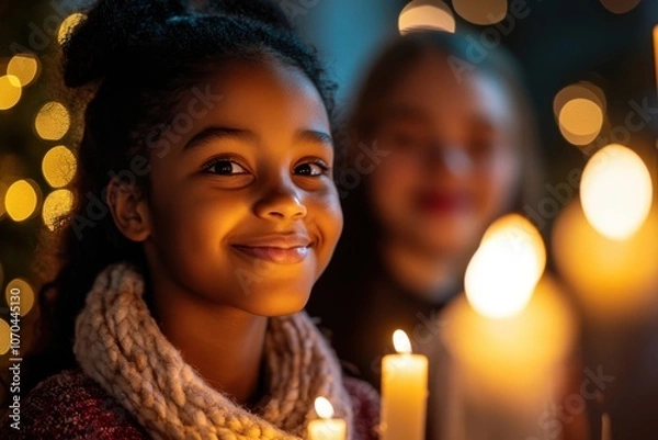 Fototapeta A young girl smiling warmly at a Christmas Eve candlelight service, with glowing candles and festive bokeh lights in the background