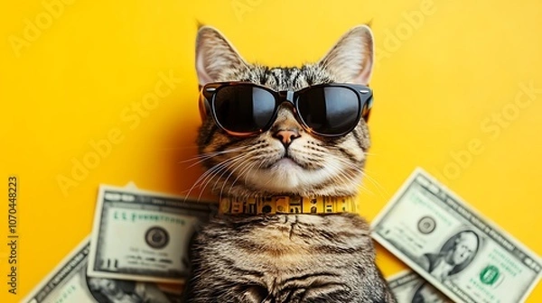 Fototapeta Cool cat relaxing with money on bright background