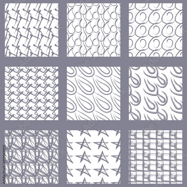 Fototapeta Monochrome seamless patterns hand-drawn. Vector set of seamless patterns.