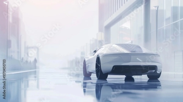 Fototapeta Sleek self-driving car in futuristic design parked on a clean white street background with empty space for text