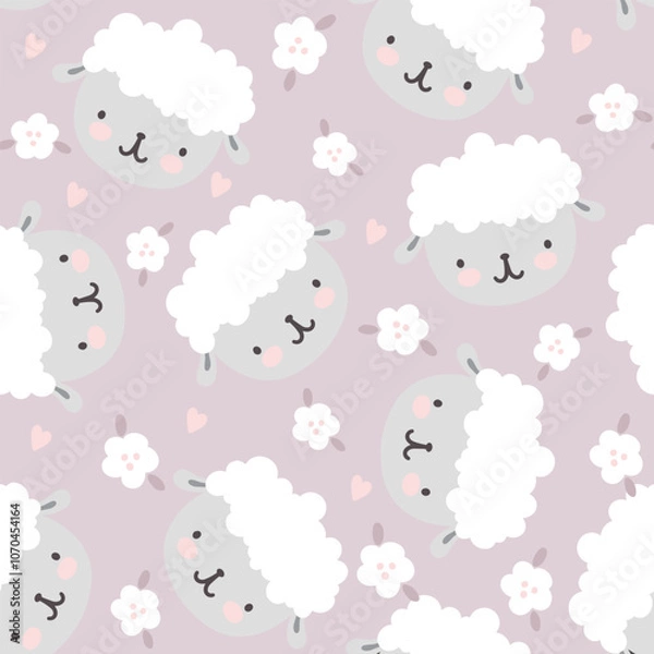 Fototapeta Cute hand drawn sheep on a purple pastel background with flowers and kawaii hearts seamless pattern for kids