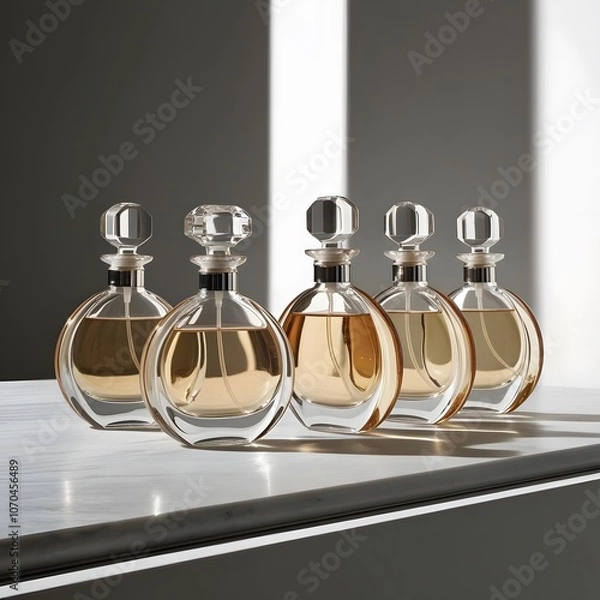 Fototapeta Vintage Perfume Bottles: A set of classic, elegant perfume bottles placed on a simple, neutral surface. 
