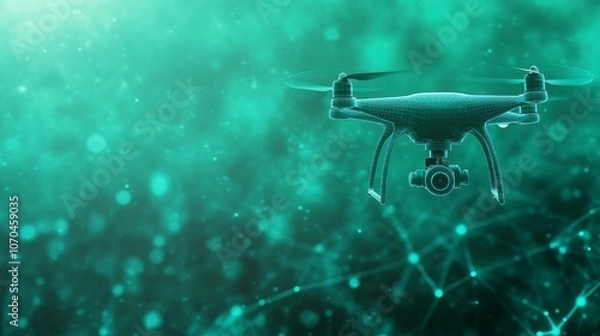 Fototapeta A drone with a camera hovers in the air, surrounded by a green, abstract, connected network of dots, suggesting the possibilities of drone technology in a digital world.