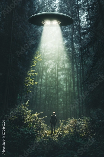 Fototapeta A man is being abductrd by an alien spaceship in the woods, UFO concept