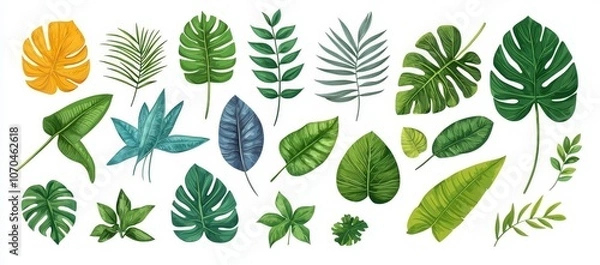 Fototapeta Palm trees, monsteras and dieffenbachia leaves for summer and beach vacation designs. 3D modern illustration set of jungle exotic plants and botanical elements.