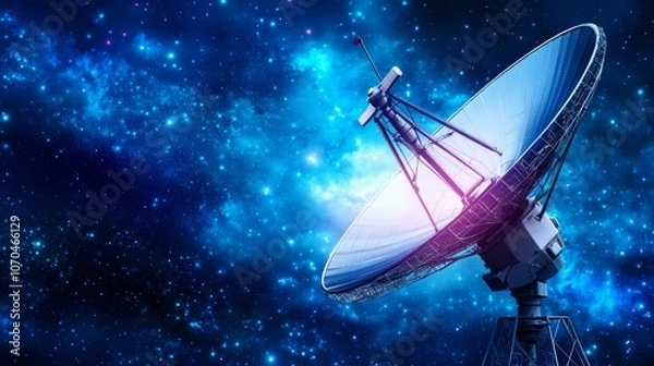 Fototapeta A large satellite dish pointed at the stars against a backdrop of a nebula, representing the quest for knowledge and exploration.