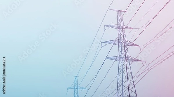 Fototapeta A low-angle view of power lines and towers against a foggy, pink and blue sky.