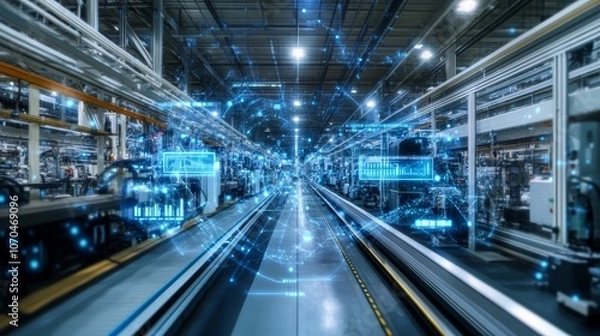 Fototapeta A modern factory with digital network connections and data visualization for smart manufacturing and Industry 4.0 concept.