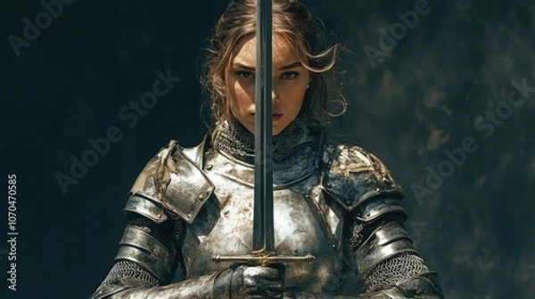 Fototapeta A female knight in metal armor stands confidently, gripping her sword with determination. This image of a female knight captures strength and bravery, with ample copy space.
