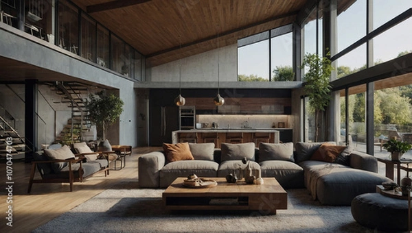 Obraz A large, open-plan living room with a modern, industrial style. There's a sectional sofa, armchairs, a coffee table, and large windows.

