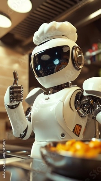 Fototapeta Robot chef showing thumbs up while cooking in modern kitchen