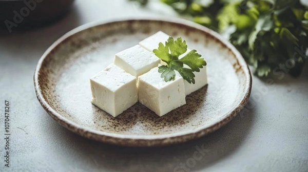 Fototapeta Tofu squares gently drop into a ceramic plate, ready for cooking. The tofu squares hold potential for delicious dishes. Ample photo style copy space highlights the tofu squares.