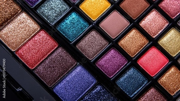 Fototapeta Vibrant collection of eyeshadows arranged in a colorful palette, perfect for creative makeup. The eyeshadows offer a variety of shades, enhancing any makeup look with style and flair.